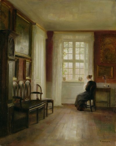 Innenraum mit Frau beim Nähen von Carl Holsoe