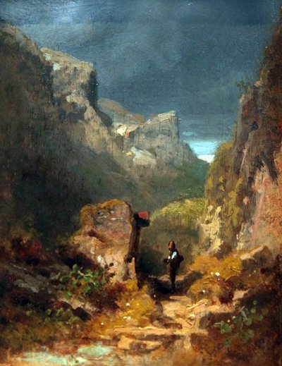 Gebirgslandschaft mit Marterl an einem Felsen von Carl Spitzweg