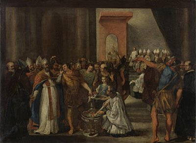 Kaiser Konstantin verbrennt arianische Bücher, 1640er Jahre von Carlo Magnone