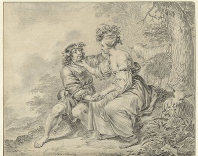 Hirte und Hirtin sitzen in einer Landschaft von Casper Casteleyn