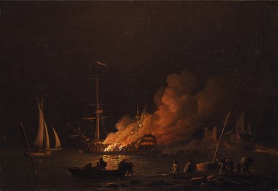 Schiff in der Nacht in Brand, um 1756 von Charles Brooking