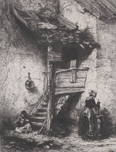 Treppe und Frau beim Buttern von Charles Emile Jacque