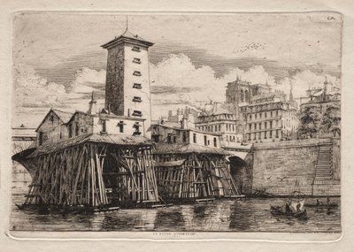 Radierungen von Paris: Die Notre-Dame-Pumpe von Charles Meryon