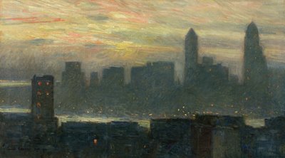 Manhattans nebliger Sonnenuntergang von Childe Frederick Hassam