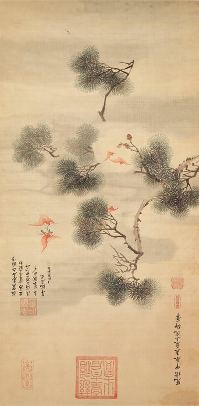 Fünf Fledermäuse inmitten eines Kiefernzweigs, 1844 von Chinese School