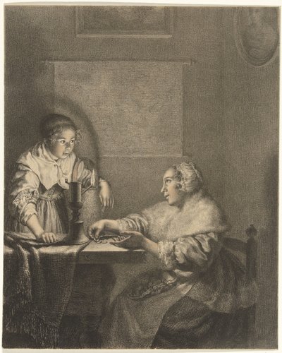 Interieur mit Dame und Dienstmädchen bei Kerzenlicht von Christiaan Josi