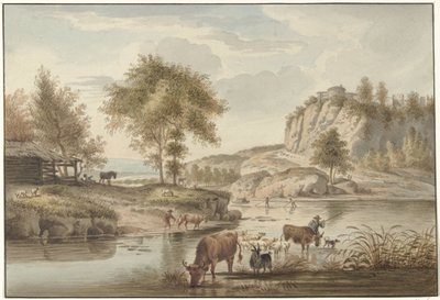 Flussansicht mit Vieh von Christiaan Josi