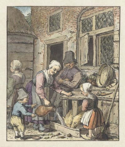 Bauernfamilie beim Füttern der Schweine von Christina Chalon