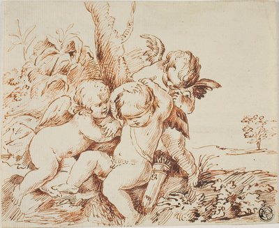 Zwei Putti verbinden einem Dritten die Augen von Circle of Guido Reni
