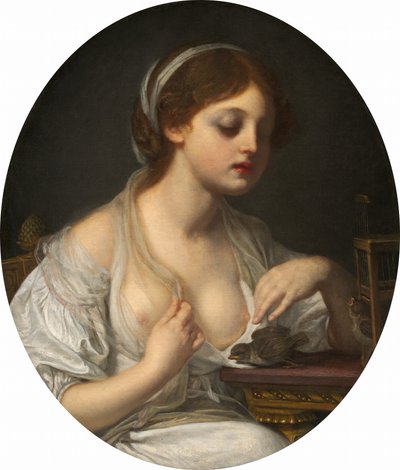 Mädchen mit Vögeln von Circle of Jean Baptiste Greuze