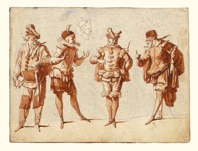 Vier Figuren in Theaterkostümen von Claude Gillot