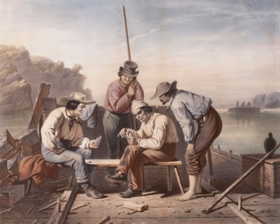 In einer Zwickmühle, Mississippi-Flößer beim Kartenspielen von Claude Régnier