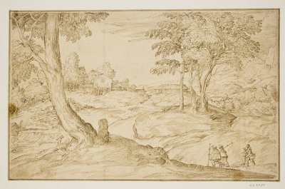Landschaft mit Pilgern, die sich einer Kirche nähern von Domenico Campagnola
