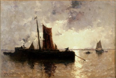 Flusslandschaft mit Schiffen von E. Aubrey Hunt