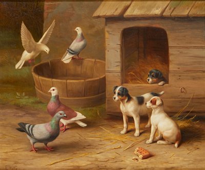 Welpen und Tauben von Edgar Hunt