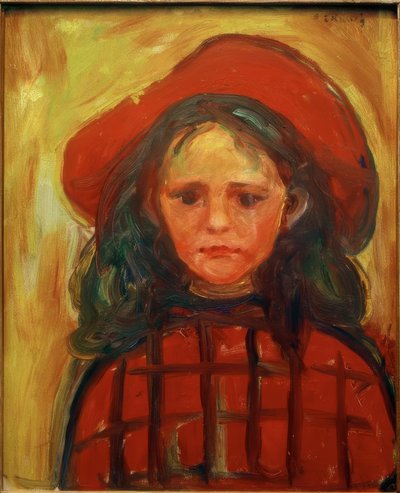 Mädchen mit rotkariertem Kleid und rotem Hut von Edvard Munch