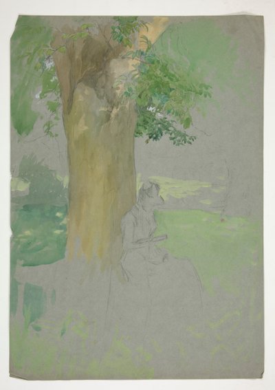 Frau sitzt unter einem Baum und liest von Edwin Austin Abbey