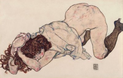 Kniendes Mädchen, auf beiden Ellbogen ruhend von Egon Schiele