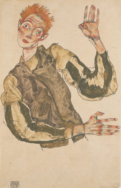 Selbstporträt mit gestreiften Armstulpen von Egon Schiele