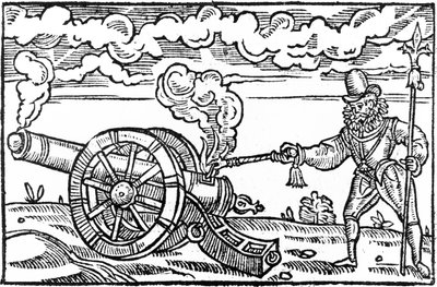 Ein Pikenier zündet eine Kanone an von English School