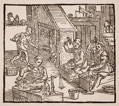 Münzpräger bei der Arbeit, 1577 (Sepia-Foto) von English School