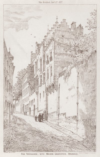 Rue Terracken, mit Maison Gravestein, Brüssel (Stich) von English School