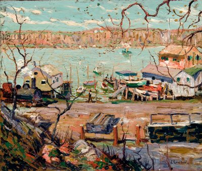 Flusslandschaft – Boote und Häuser von Ernest Lawson