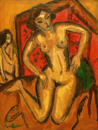 Kniender Mädchenakt vor rotem Wandschirm von Ernst Ludwig Kirchner