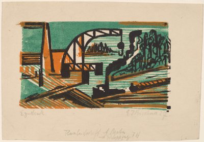 Flusslandschaft mit Kranich und Lastkähnen von Ernst Ludwig Kirchner