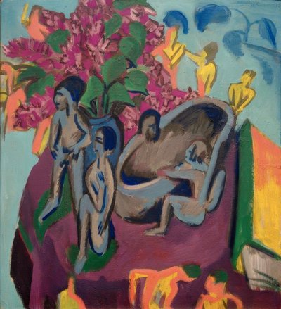 Stilleben mit Plastiken und Blumen von Ernst Ludwig Kirchner