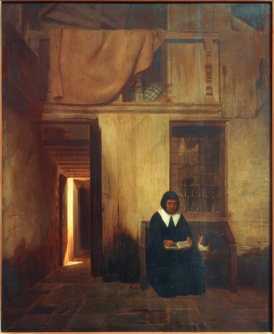 Interieur mit lesender Frau und Katze von Esaias Boursse