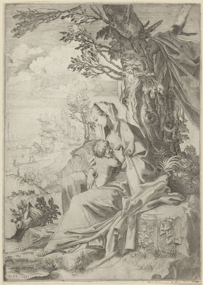 Maria stillt das Christuskind in einer Landschaft von Francesco Brizio
