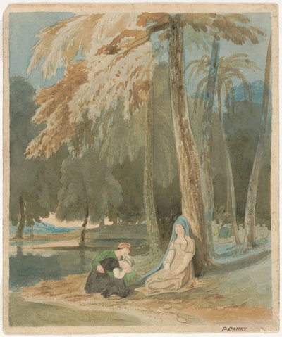 Drei Frauen sitzen an einem bewaldeten See von Francis Danby