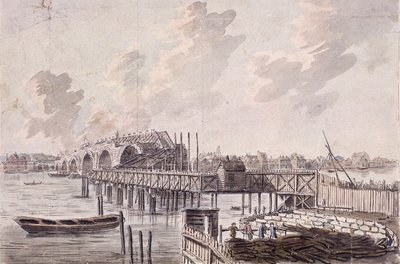 Bau der Blackfriars-Brücke, London, ca. 1762 von Francis Grose