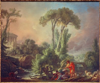 Flusslandschaft mit antikem Tempel von François Boucher