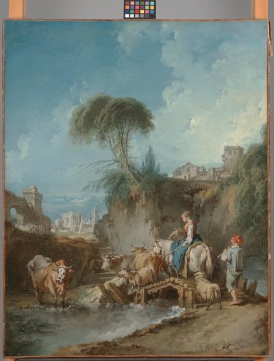 Landschaft mit fernen Gebäuden und einer Hirtin von François Boucher