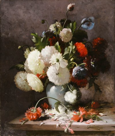 Pfingstrosen auf einer Steinplatte von Frans Mortelmans