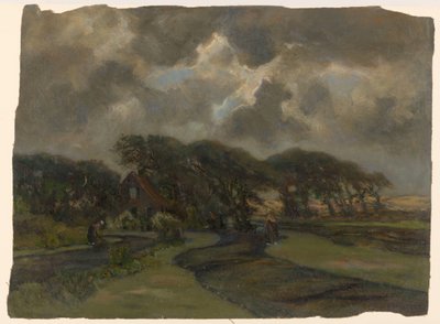 Häuschen bei Baumreihe und Frauen mit Fischernetzen von Frans Alexander Evert Lodewijk Smissaert