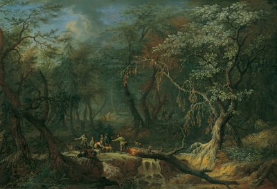 Waldlandschaft mit gestürztem Baum und Jägern von Franz Christoph Janneck