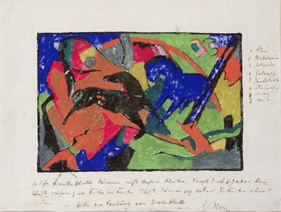 Zwei Pferde, 1911-12 (handkolorierter Druck) von Franz Marc