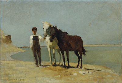 Ein Junge mit Pferden am Strand von Franz Rumpler