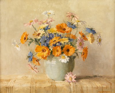 Jungfer im Grünen, Ringelblume, Wiesenmargeriten von Freda Marston