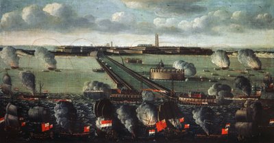 Anglo-niederländische Flotte bombardiert Dünkirchen im Jahr 1695 von French School