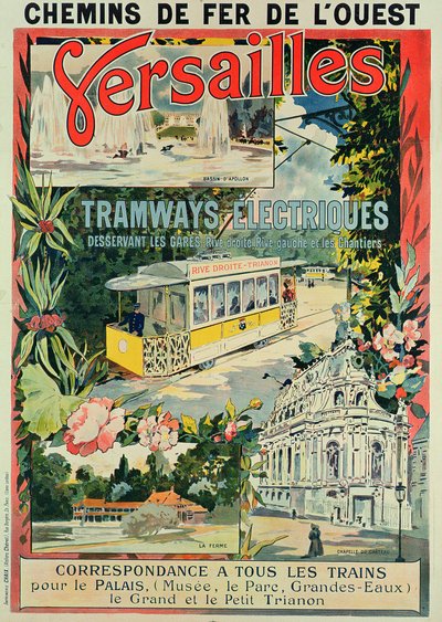 Plakat, das die elektrische Straßenbahn in Versailles bewirbt von French School