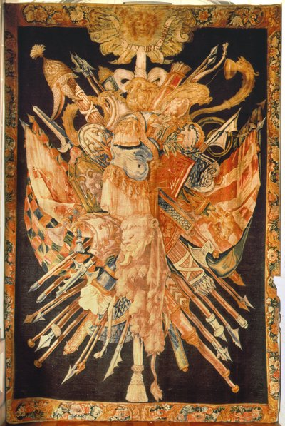 Wandteppich mit Kriegstrophäen von French School