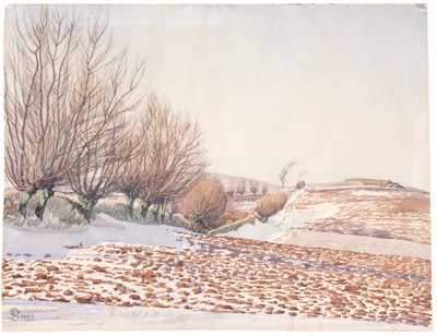 Landschaft mit Weiden und Acker im Schnee von Fritz Syberg