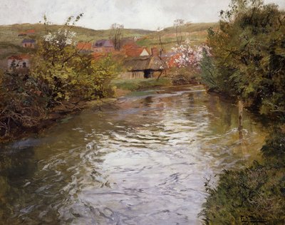 Bauernhäuser am Ufer eines Baches von Frits Thaulow