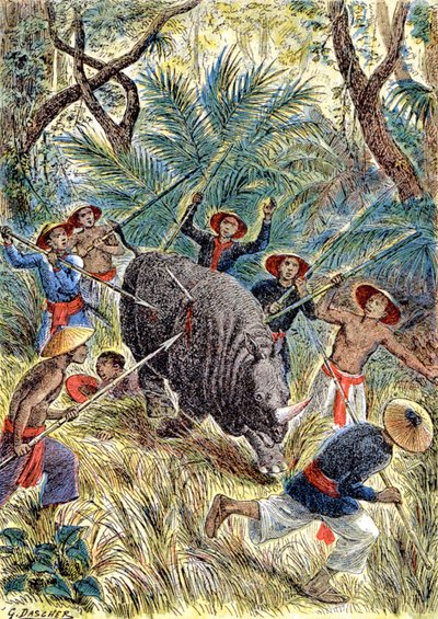 Nashornjagd, Französisch-Indochina von G. Dascher