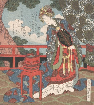 Dame mit Fächer auf Veranda stehend von Gakutei