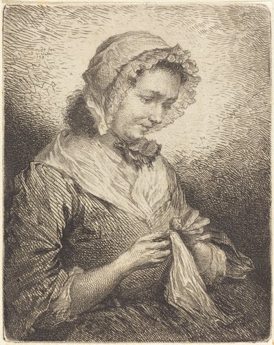 Die Frau des Künstlers beim Nähen von Georg Friedrich Schmidt